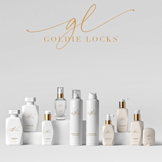 Collection of Goldie Locks hair care products on a light gray background