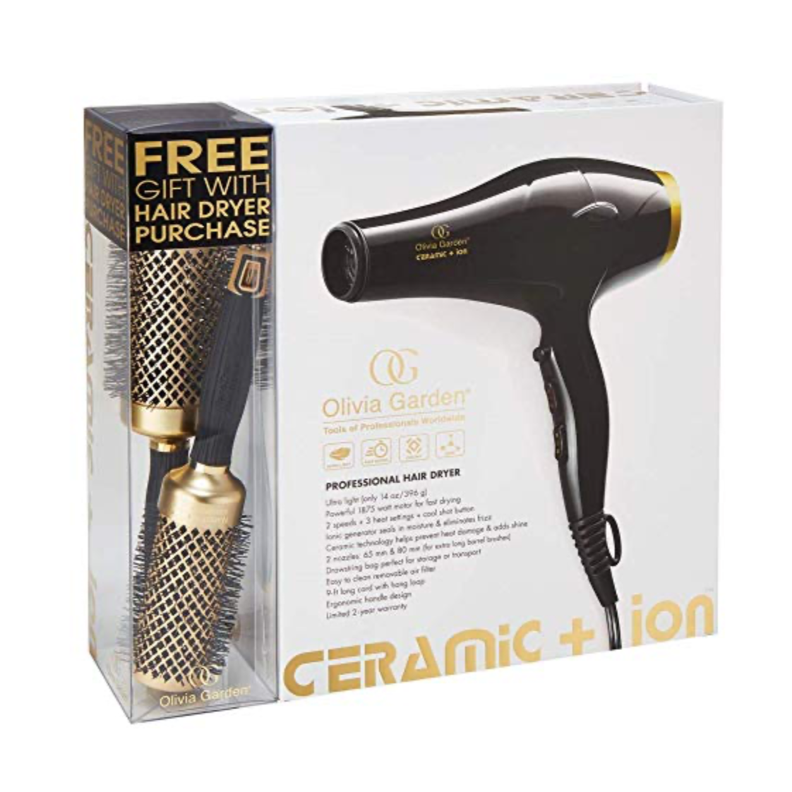 Olivia Garden Ceramic+Ion Blowdryer w/2 Nozzles + 2 FREE  Nano Thermic Round Brushes - Tru Beauty Salon Services